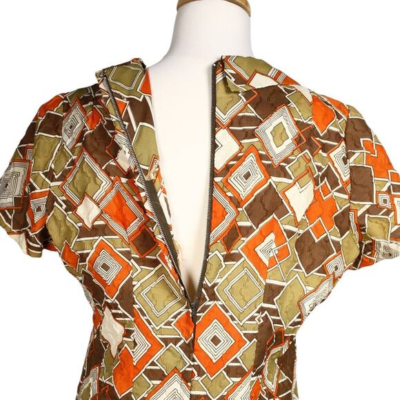 Vintage Mod Keyhole Dress Brown Orange Geometric Metal Zip B36 W34 Sz M -Hey Viv - Picture 6 of 7